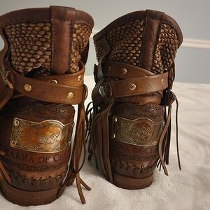 Brown Leather Fringe Boots with Embossed Metal Plate